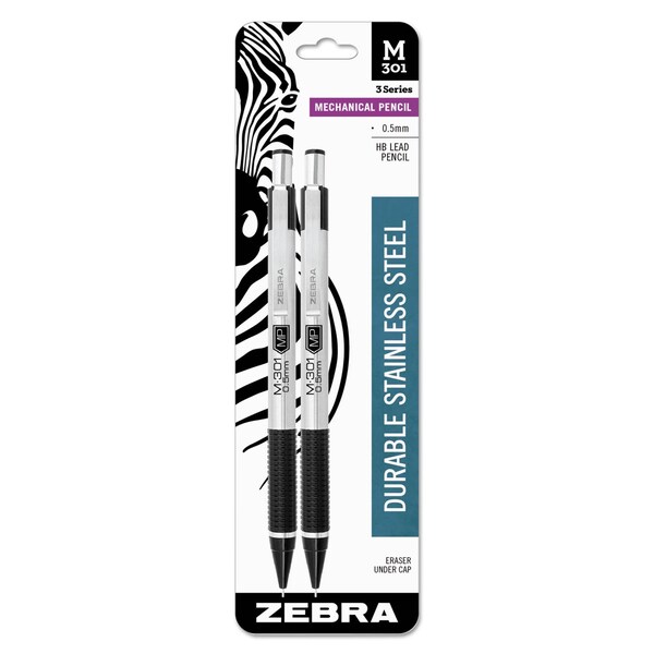 Zebra Pen M-301 Mechanical Pencil, 0.5 mm, HB (No 2.5), Black Lead, Steel/Black Accents Barrel, 2PK 54012 - main